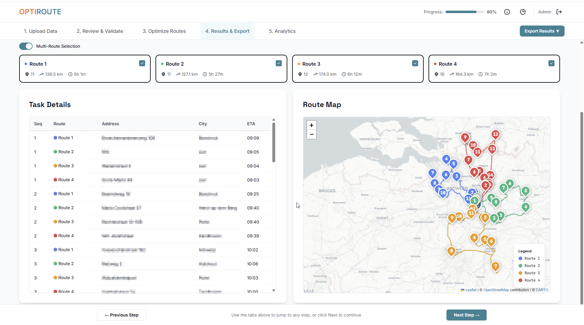 OrbiPilot Dashboard - Multi-vehicle route optimization interface with interactive map showing optimized delivery routes